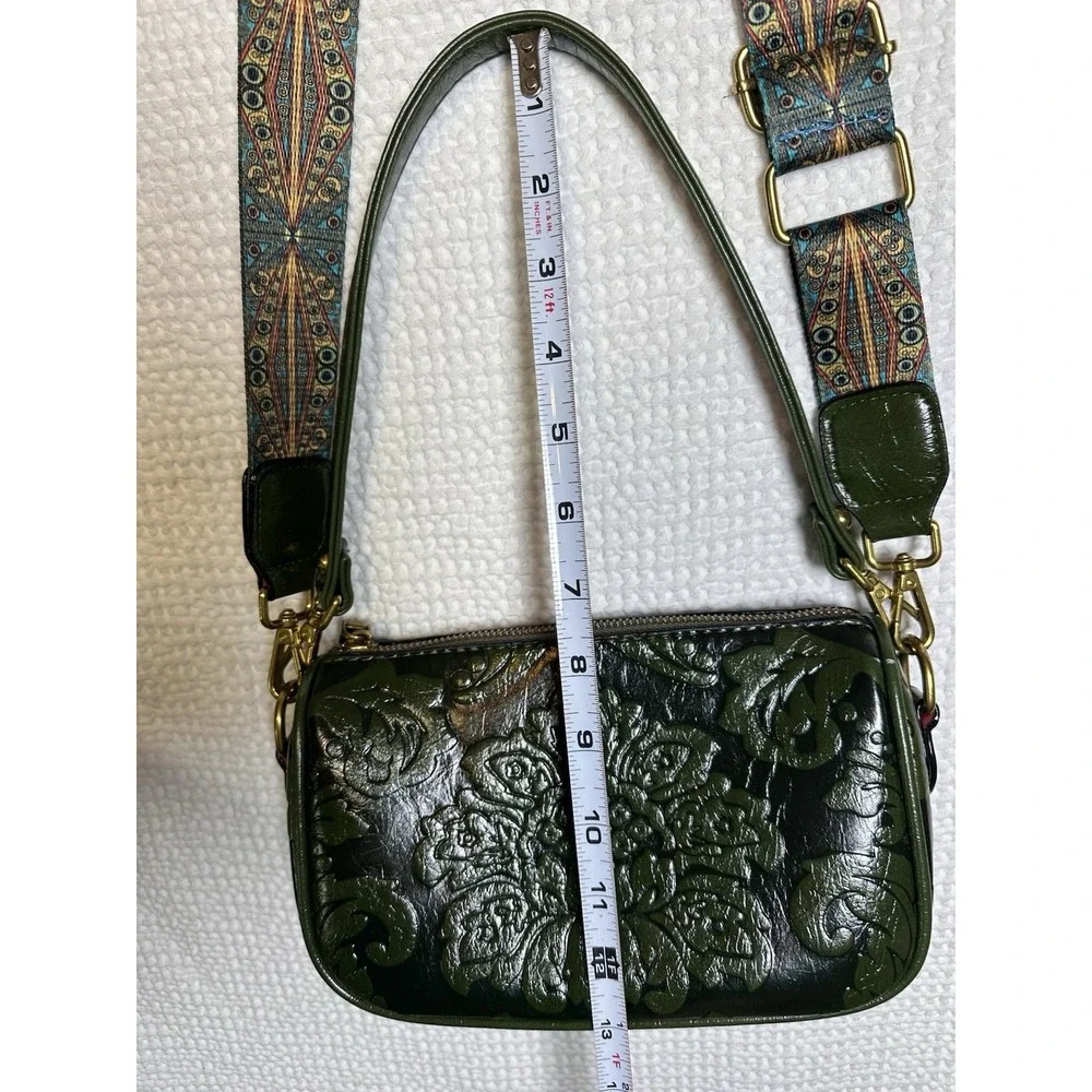 Green Embossed Floral Crossbody Shoulder Bag Removable Strap Boho Western Purse